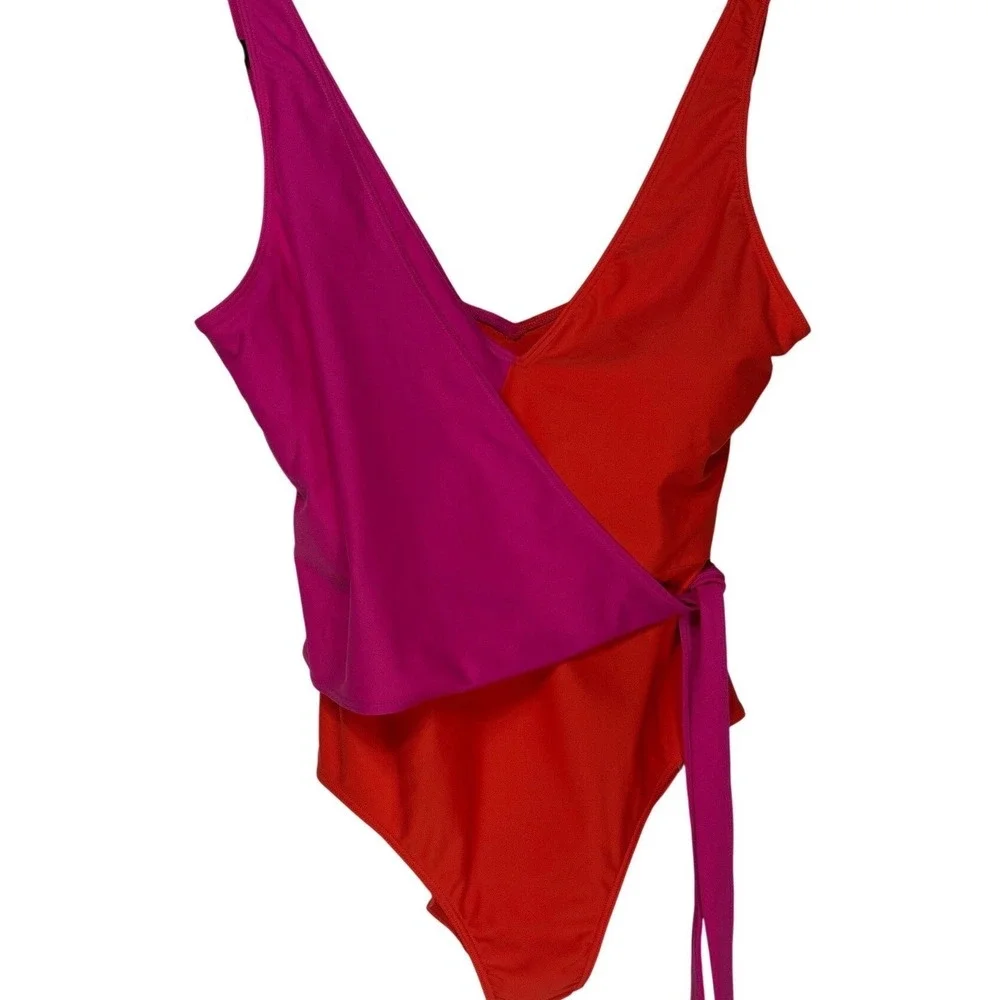 Summersalt The Perfect Wrap One-Piece Swimsuit Hibiscus Fuchsia Colorblock Sz 14